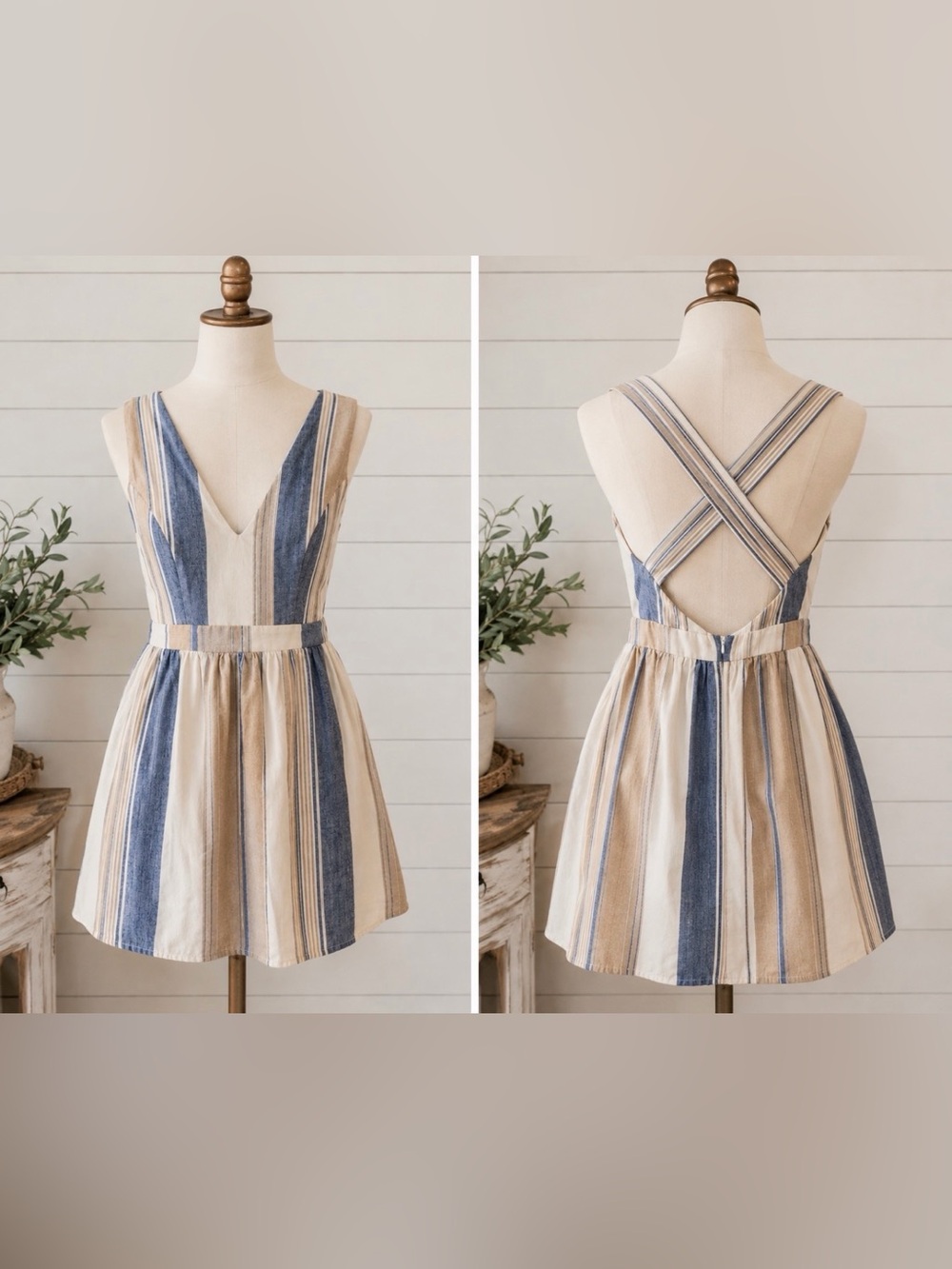Altar'd State Blue and Cream Striped Mini Dress with Cross-Back